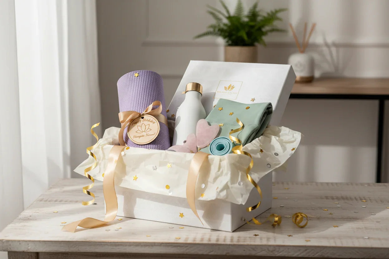 Yoga gift box with purple mat, water bottle, towel, jade roller and gold ribbon