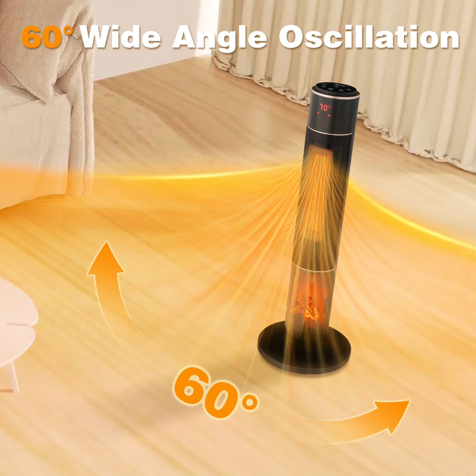 33inch Tower Space Heater With 3D Flame, 1500W Portable Electric Heater With Thermostat, 60 Degrees Oscillation, Timer, Remote Control, For Indoor Bedroom Office Home, Black