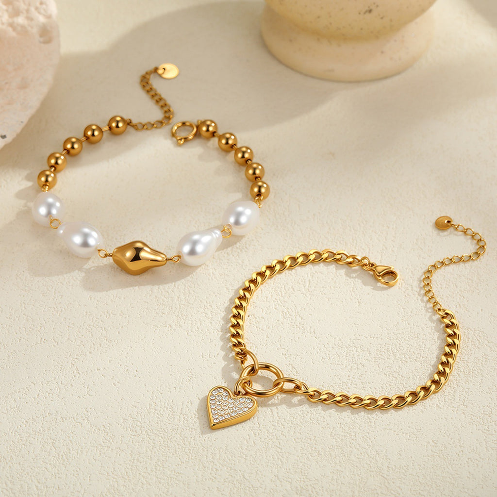 Fashion Heart Shape With Diamond  Baroque Pearl Stainless Steel Bracelet