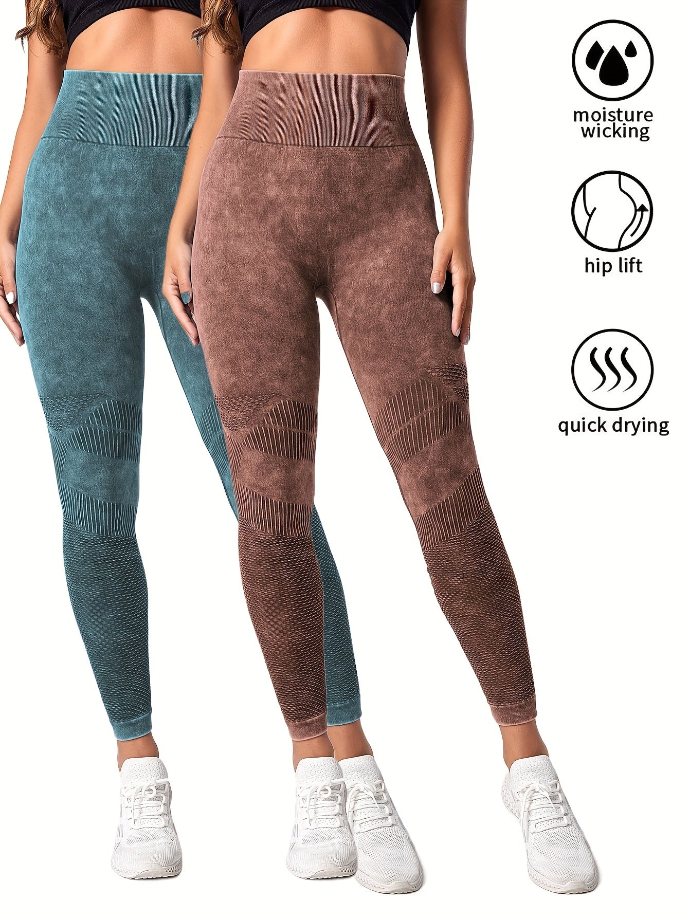 2 Pack Women's Seamless Washed Wide Waistband Sports Leggings