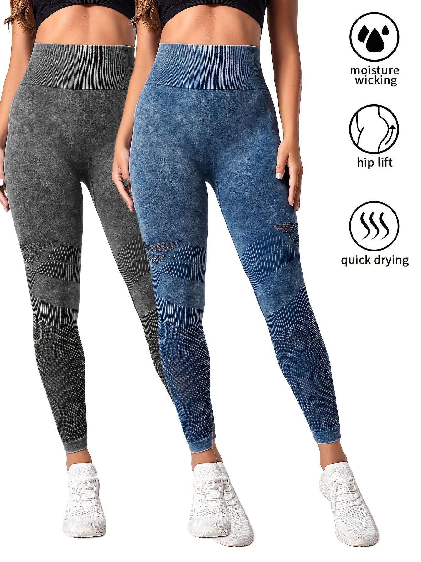 2 Pack Women's Seamless Washed Wide Waistband Sports Leggings