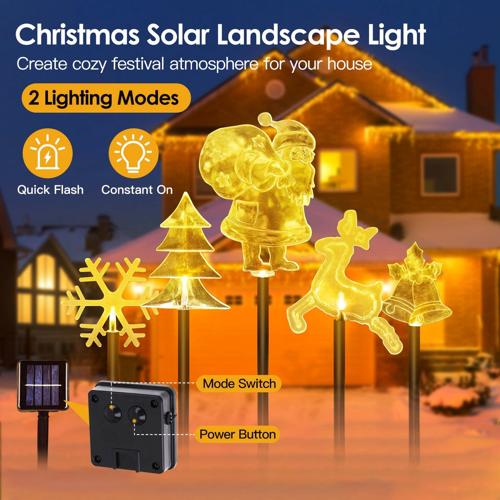 1 Set Of 5Pcs Mixed Christmas Decoration Light Solar Stake Light Waterproof Reindeer Snowflake Bell Christmas Tree Santa Claus Light Outdoor Landscape Light