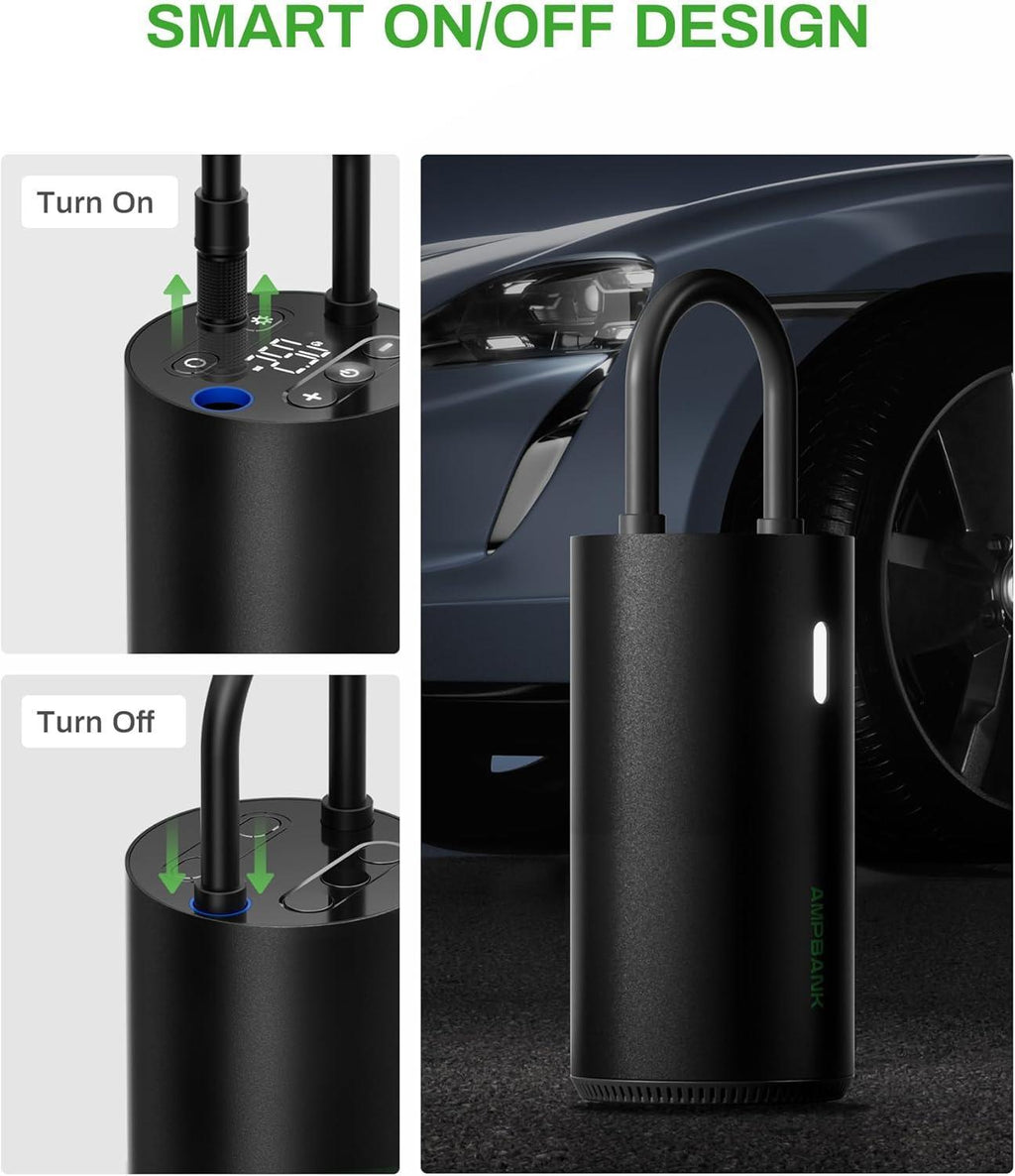 AMPBANK AT004 Smart Portable Tire Air Pump For Cars, Motorcycles, Bicycles And Balls With Pressure Gauge And LED Screen For Fast Inflation