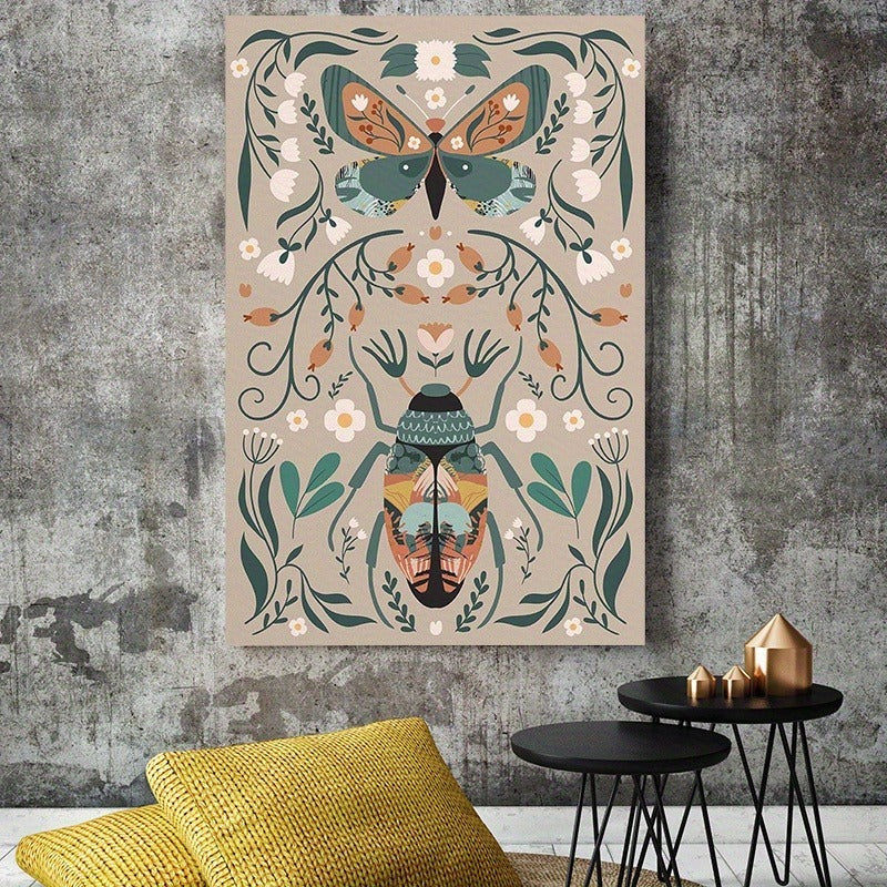 1pcs Modern Classic Wood Frame Canvas Wall Decor With Plant Flower & Butterfly Print, Girls Bedroom Wrap Canvas Painting, Animal Nature Digital Art, Realism Mid-Century Bohemian Collegiate Room Decor