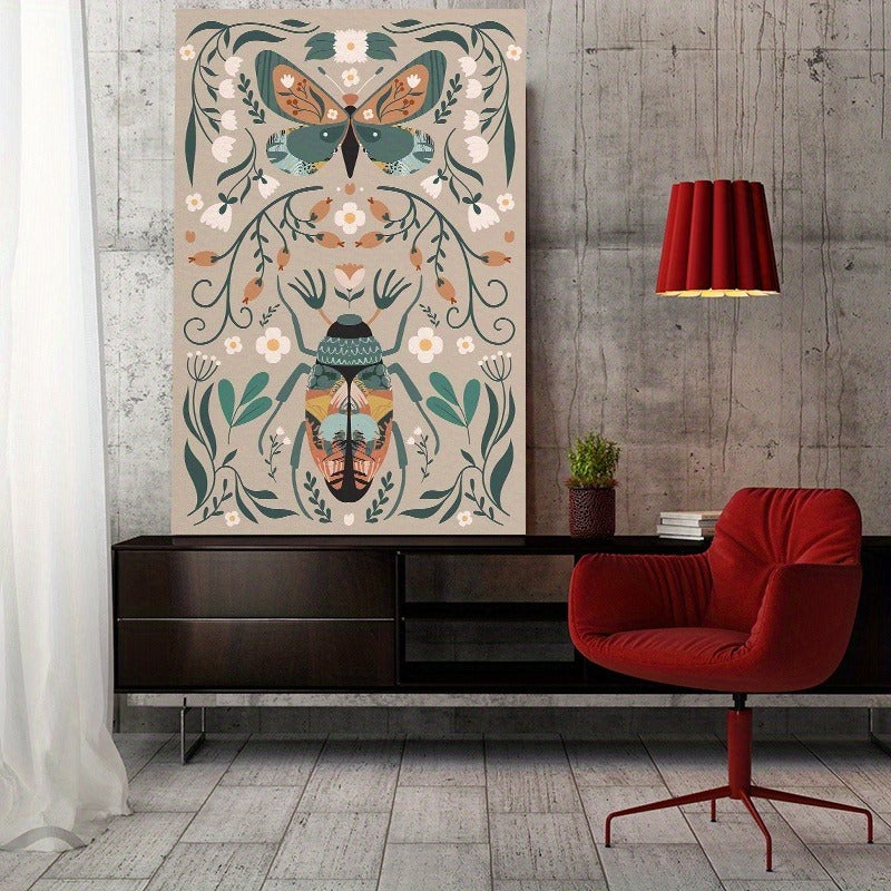 1pcs Modern Classic Wood Frame Canvas Wall Decor With Plant Flower & Butterfly Print, Girls Bedroom Wrap Canvas Painting, Animal Nature Digital Art, Realism Mid-Century Bohemian Collegiate Room Decor