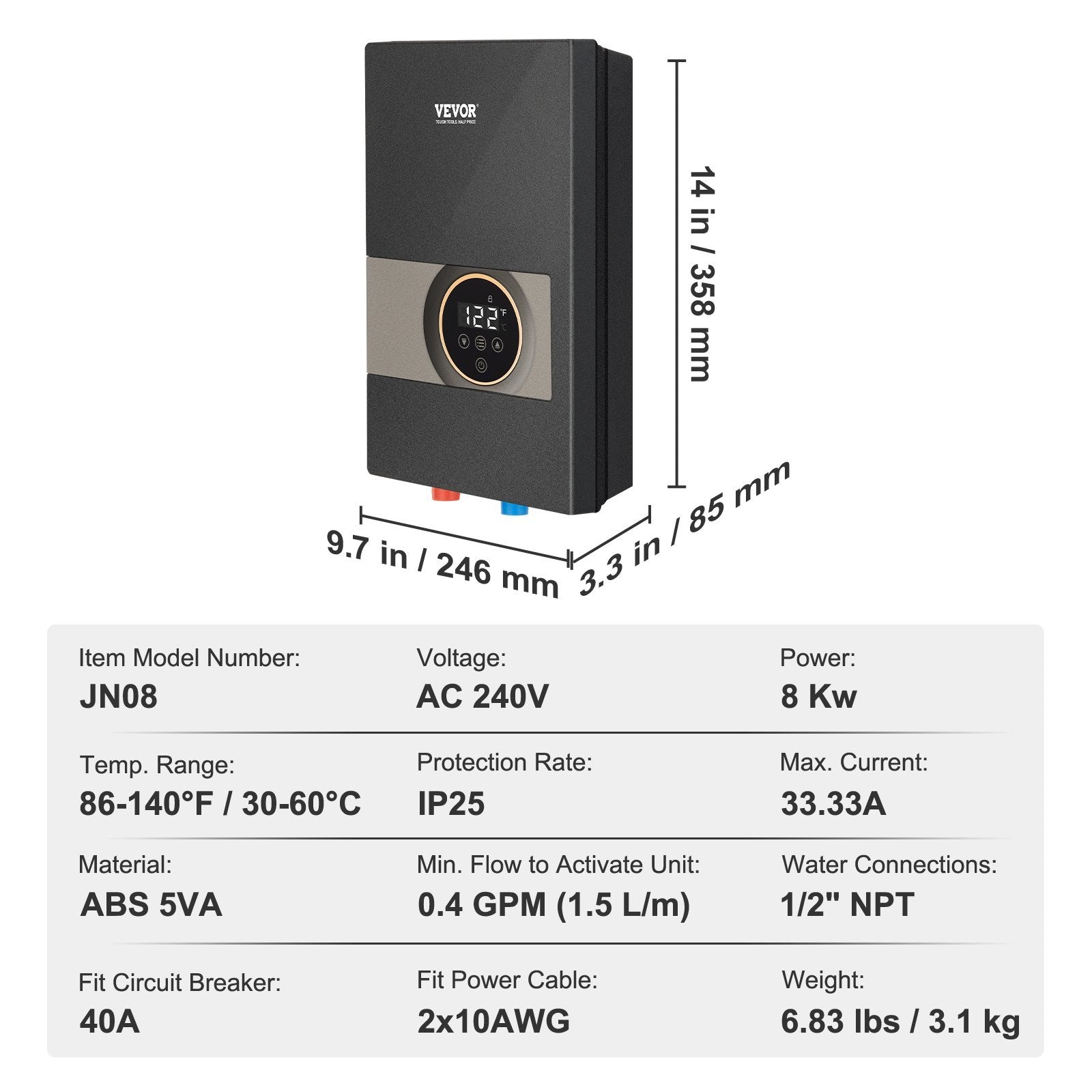 Instant Water Heater, 8kw On Demand Electric Tankless Water Boiler, Digital Temperature Display & Easy Installation & 24-Hour Water Supply, For Kitchen Bathroom Shower Mall Salon ETL Listed