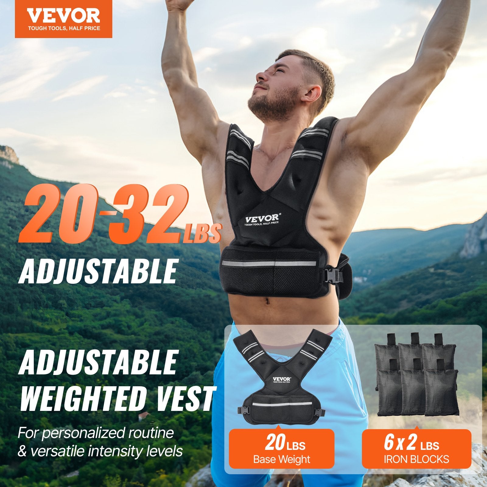 Adjustable Weighted Vest 20-32lb - Reflective Stripe for Training