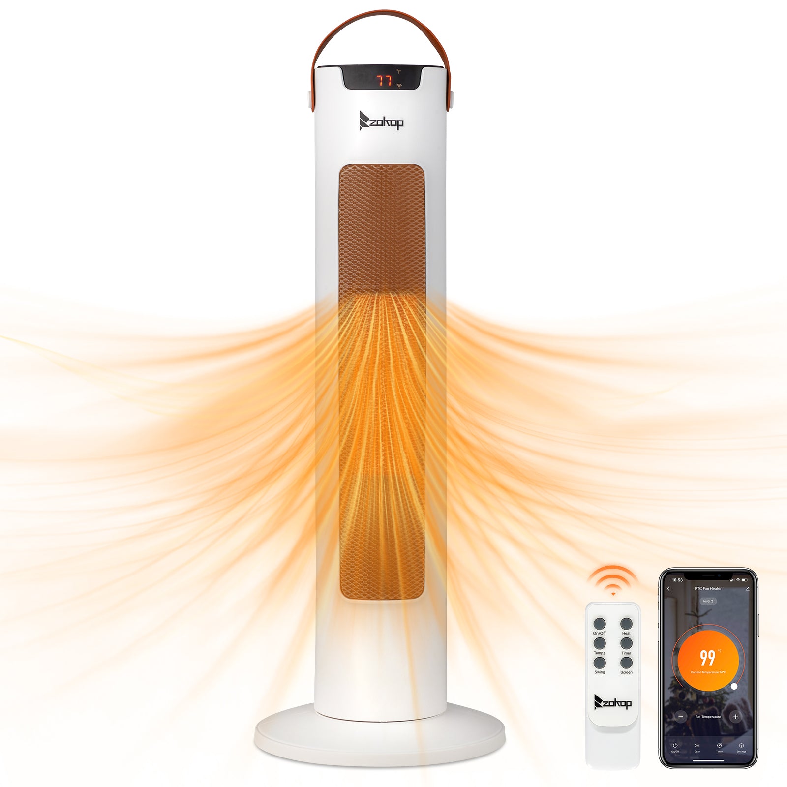 24Inch Tower Space Heater, 1500W Smart Electric Heater With Thermostat, WiFi APP & Remote Control, 60 Degrees Oscillation, 9H Timer, For Indoor Bedroom Office Home, White