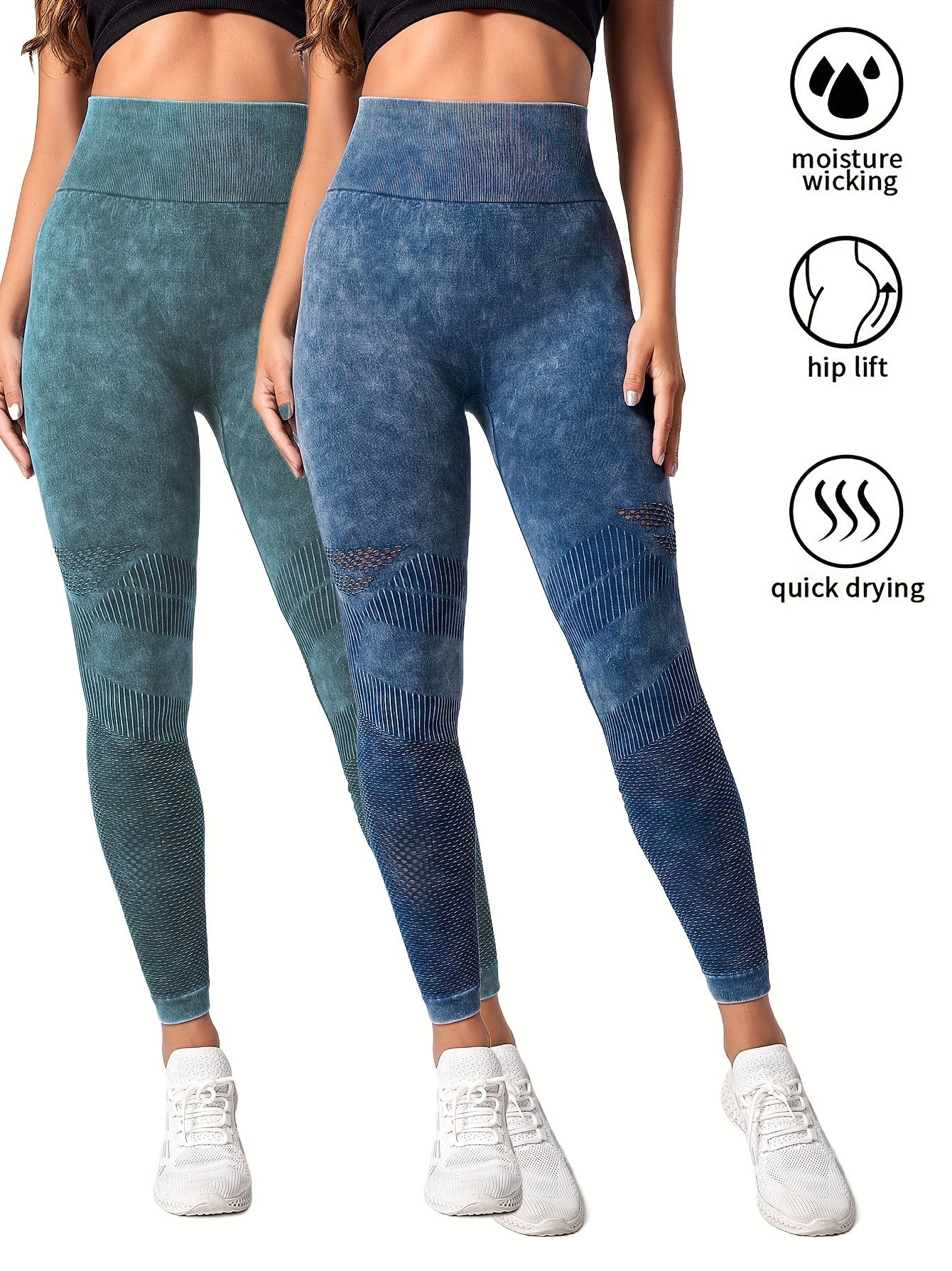 2 Pack Women's Seamless Washed Wide Waistband Sports Leggings