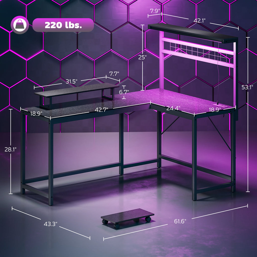 61.6 L Shaped Gaming Desk With Power Outlets & LED Lights, Computer Desk With Monitor Stand And CPU Shelf, Black