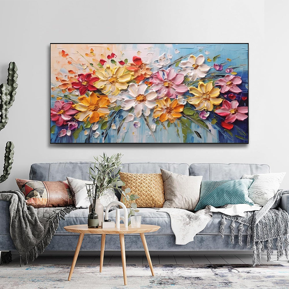 Colorful Spring Flowers Knife Thick Canvas Wall Art Original Artwork Handmade White Florals Oil Painting Beautiful Decor