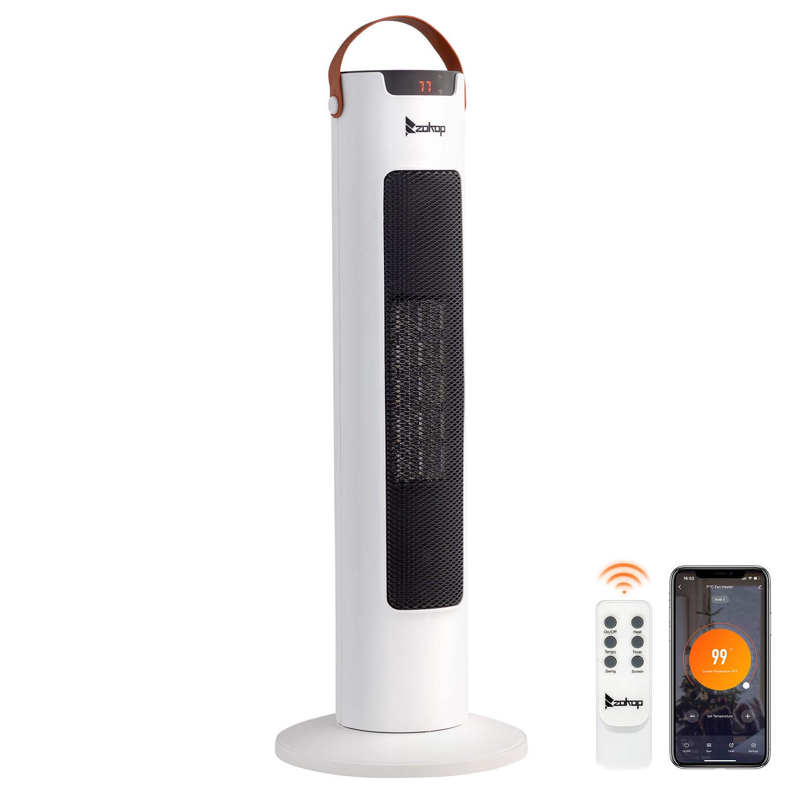White tower heater with remote control and smartphone app on a white background
