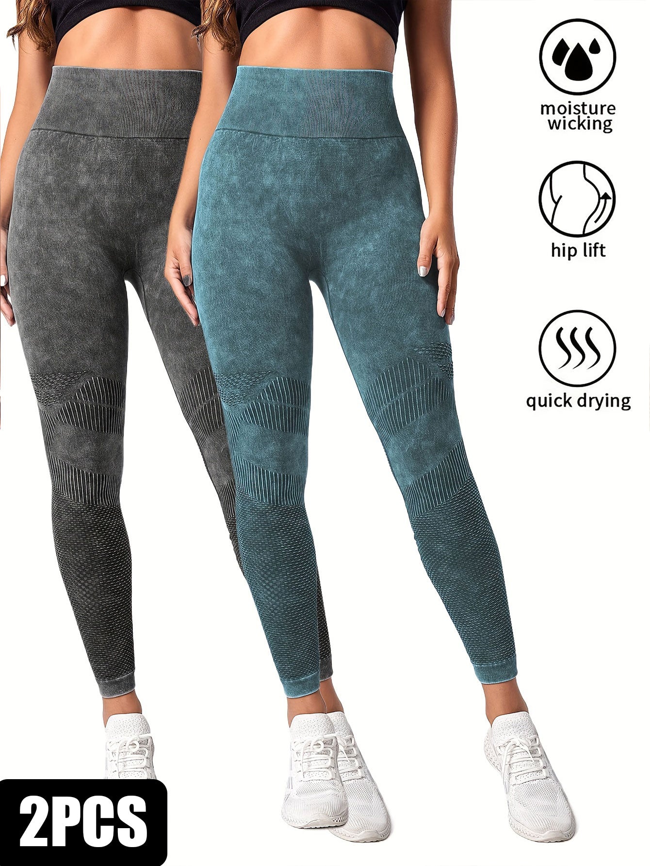 2 Pack Women's Seamless Washed Wide Waistband Sports Leggings