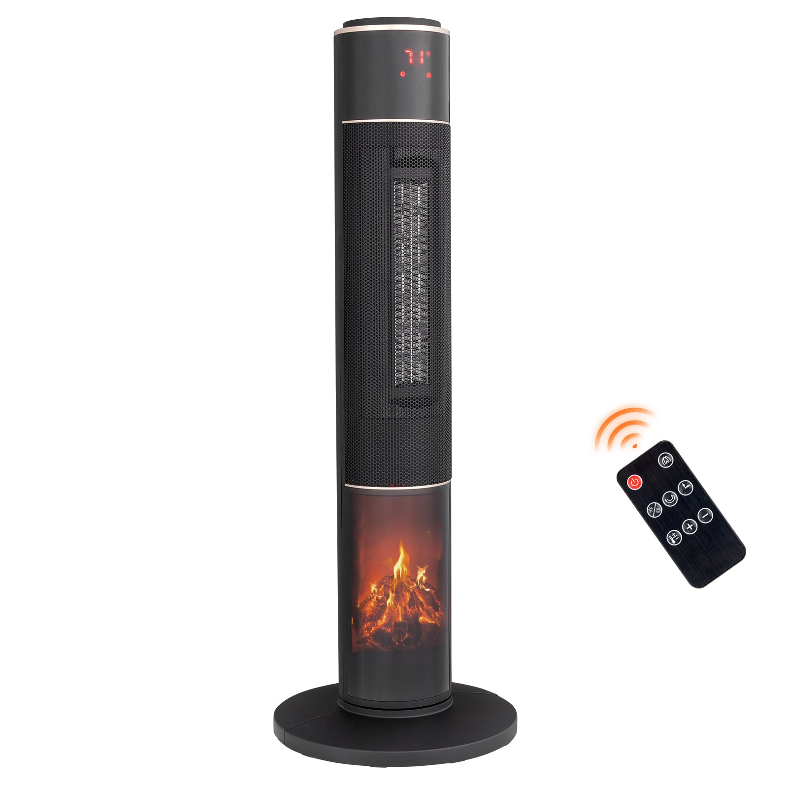 33inch Tower Space Heater With 3D Flame, 1500W Portable Electric Heater With Thermostat, 60 Degrees Oscillation, Timer, Remote Control, For Indoor Bedroom Office Home, Black