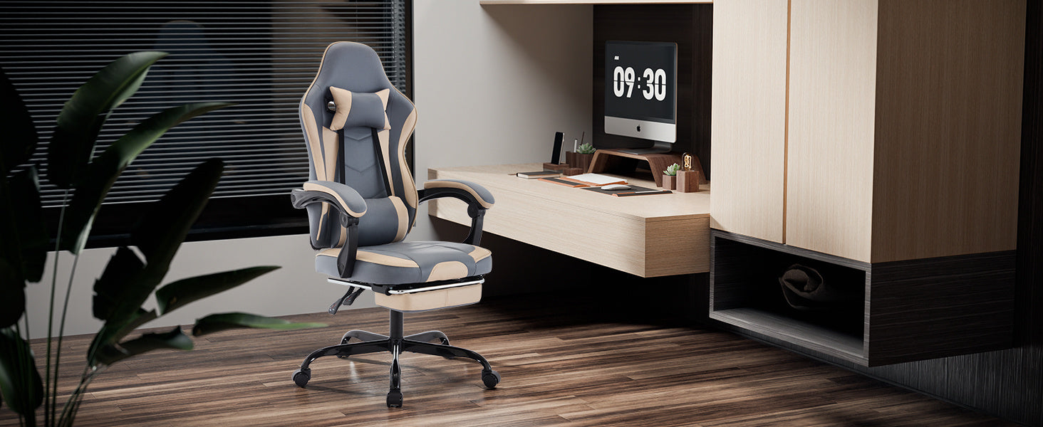 Gaming Chair, Ergonomic Computer Chair With Footrest And Massage Lumbar Support, Height Adjustable Swivel Video Game Chair For Adults, 300lb Max, Blue Beige