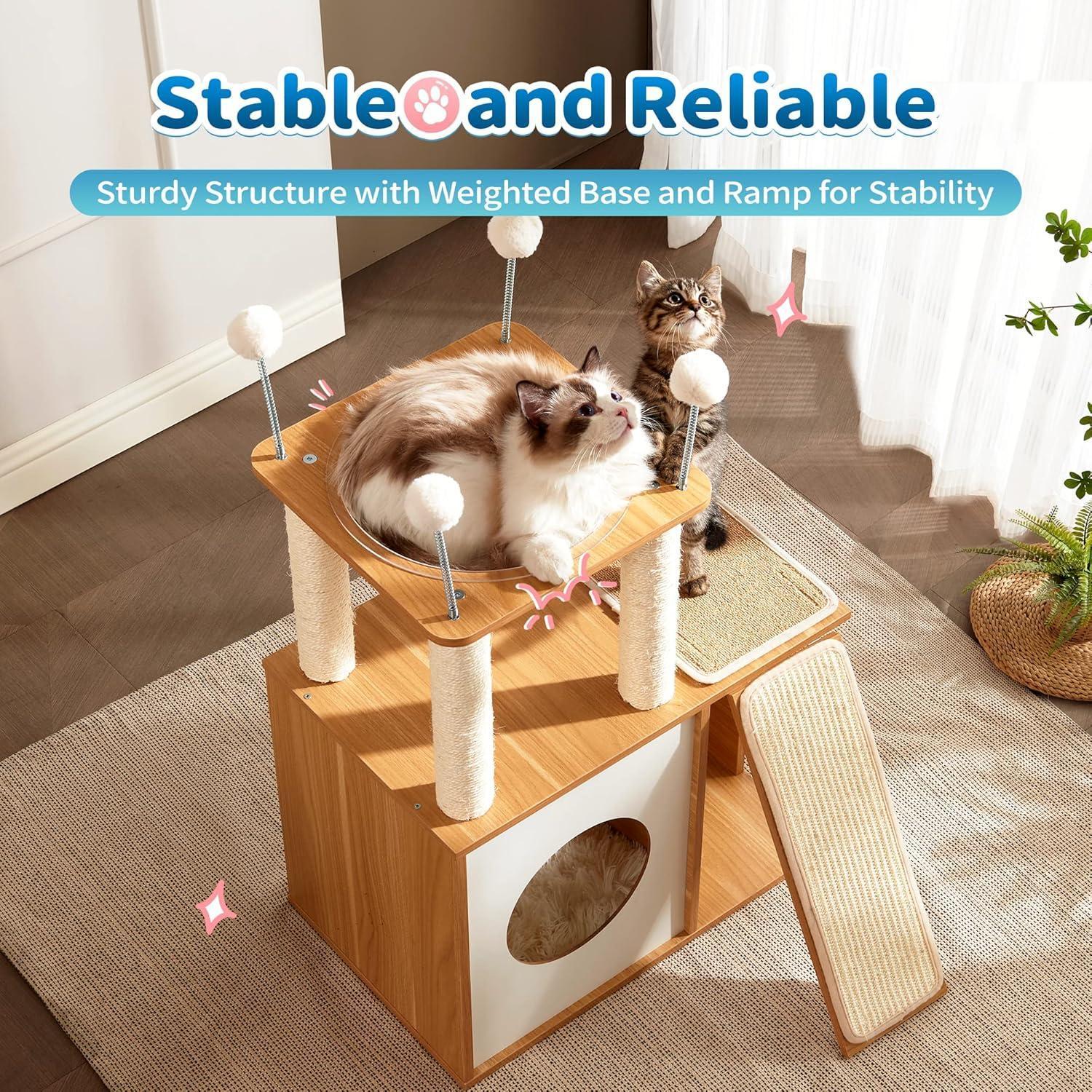 Indoor Wooden Cat Climbing Frame Cat Tower Cat House With Cat Scratching Board Ramp Suitable For Large Cats And Kittens