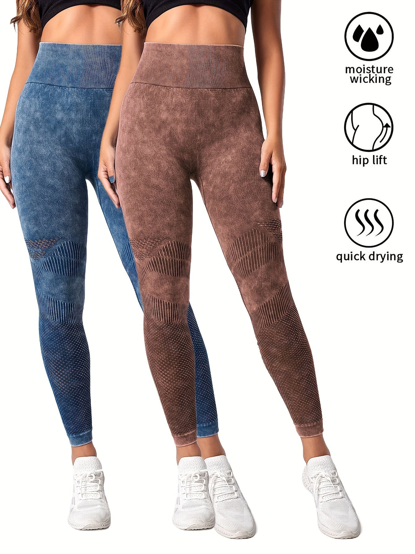 2 Pack Women's Seamless Washed Wide Waistband Sports Leggings