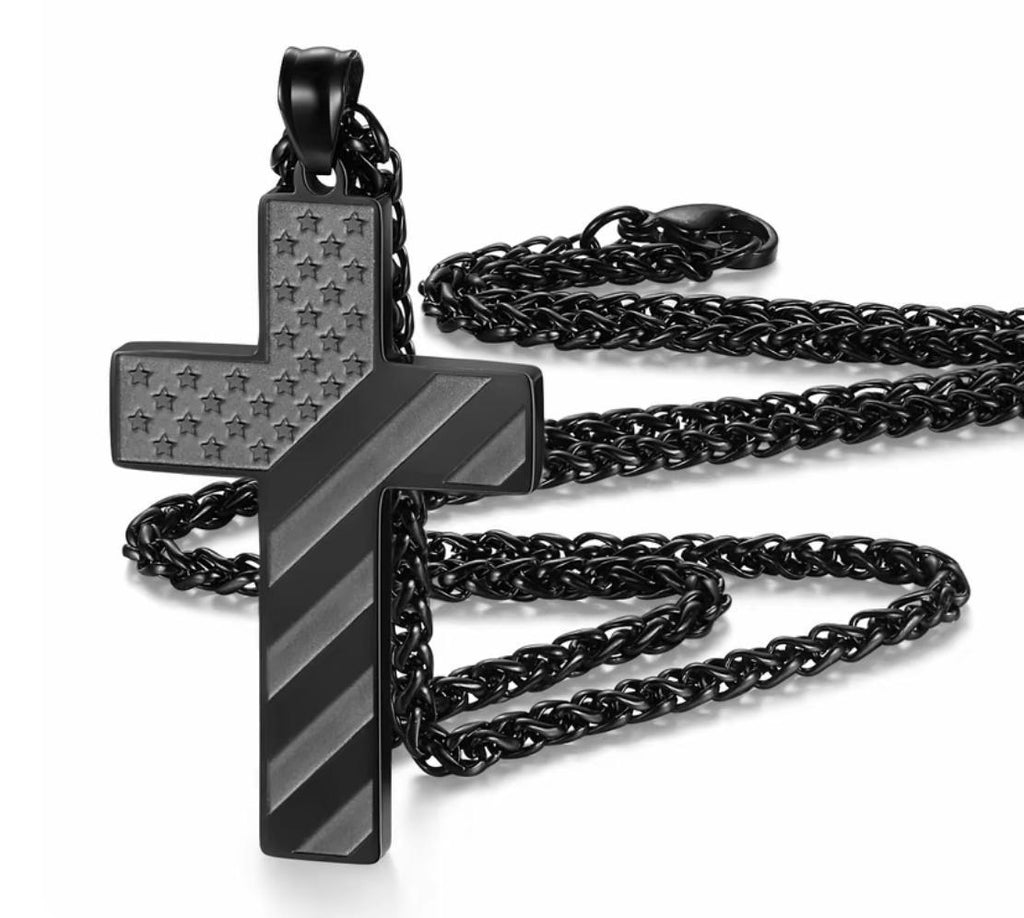 Cross Necklace With Bible Verse American Flag Pendant --Stainless Steel Men Jewelry Gift - Faith-Inspired, Bold & Patriotic Chain For Him