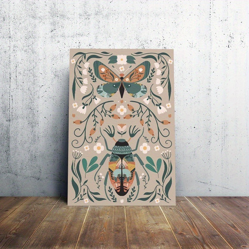 1pcs Modern Classic Wood Frame Canvas Wall Decor With Plant Flower & Butterfly Print, Girls Bedroom Wrap Canvas Painting, Animal Nature Digital Art, Realism Mid-Century Bohemian Collegiate Room Decor