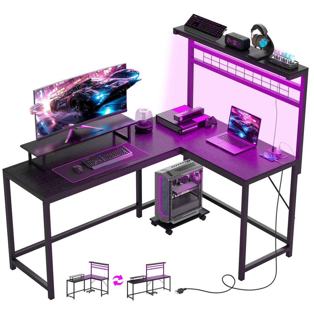 61.6 L Shaped Gaming Desk With Power Outlets & LED Lights, Computer Desk With Monitor Stand And CPU Shelf, Black