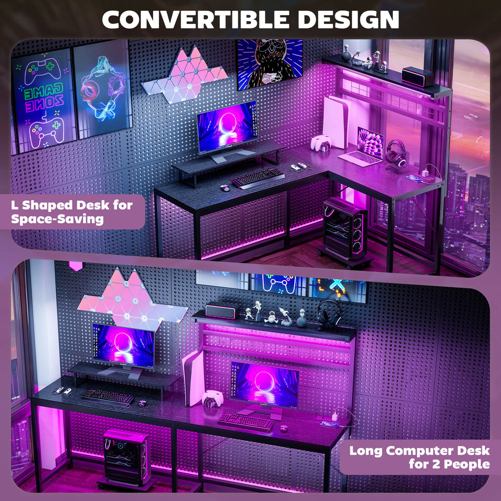 61.6 L Shaped Gaming Desk With Power Outlets & LED Lights, Computer Desk With Monitor Stand And CPU Shelf, Black