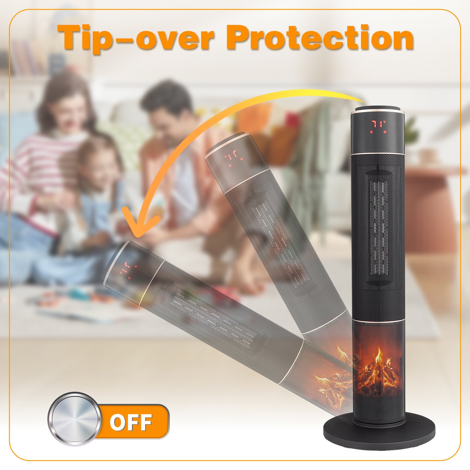 33inch Tower Space Heater With 3D Flame, 1500W Portable Electric Heater With Thermostat, 60 Degrees Oscillation, Timer, Remote Control, For Indoor Bedroom Office Home, Black