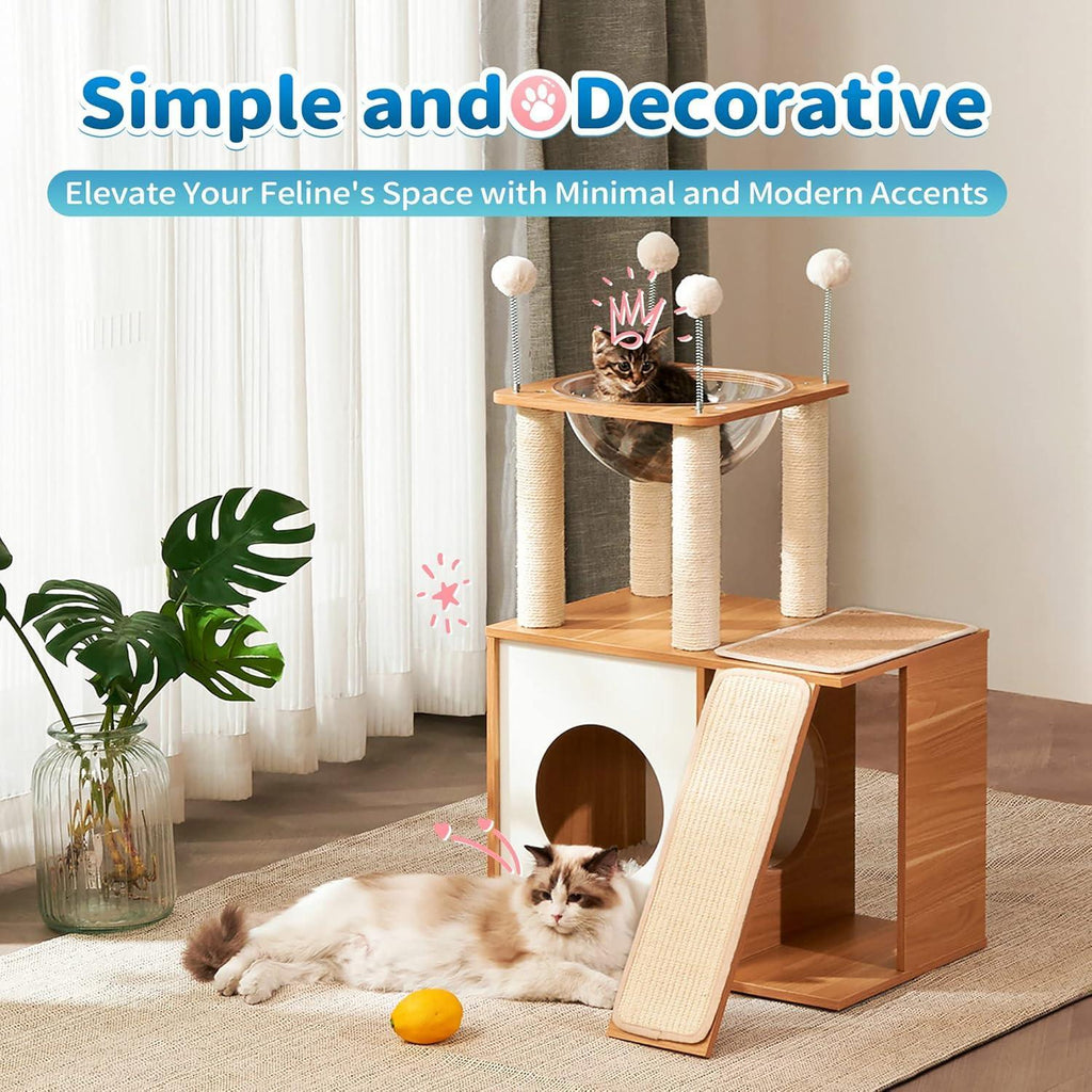 Indoor Wooden Cat Climbing Frame Cat Tower Cat House With Cat Scratching Board Ramp Suitable For Large Cats And Kittens