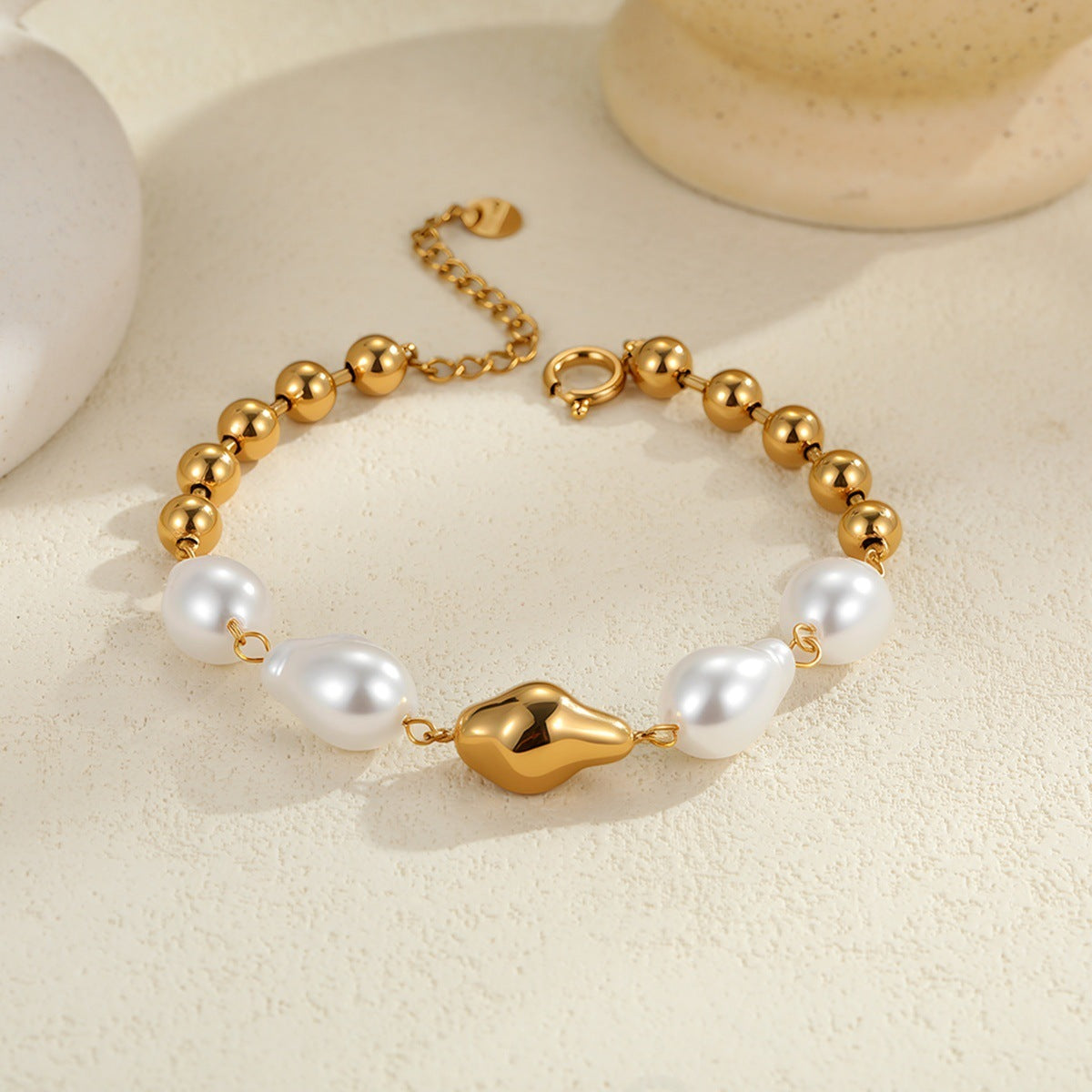 Fashion Heart Shape With Diamond  Baroque Pearl Stainless Steel Bracelet