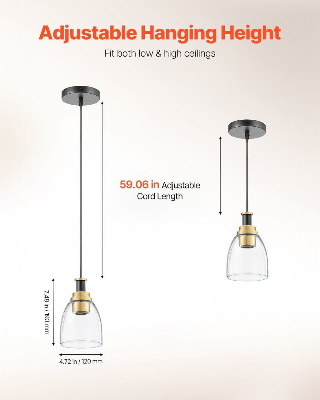 Pendant Light 1-Light Pendant Lighting With Glass Shade Adjustable Height